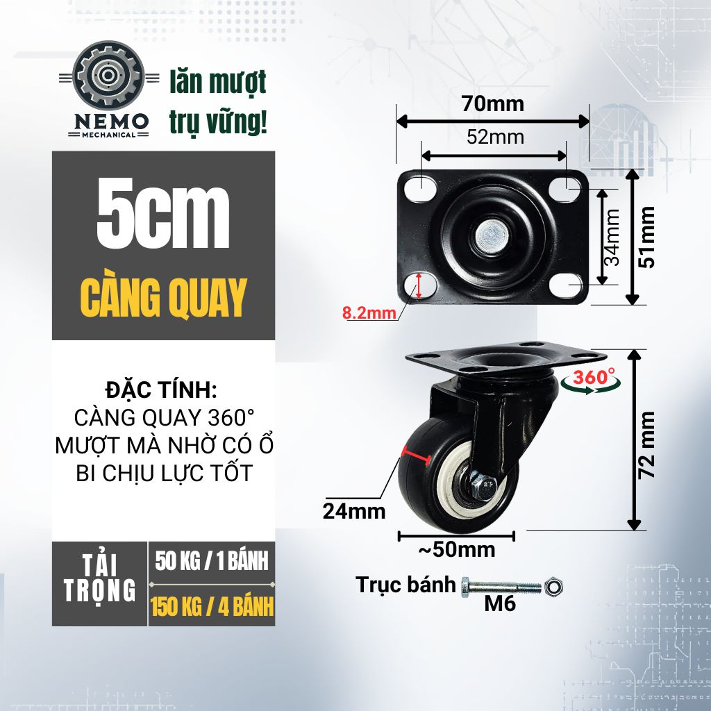 Bánh Xe Đẩy Hàng Đen Trắng – Chịu Tải Tốt, Khung Thép Sơn Tĩnh Điện